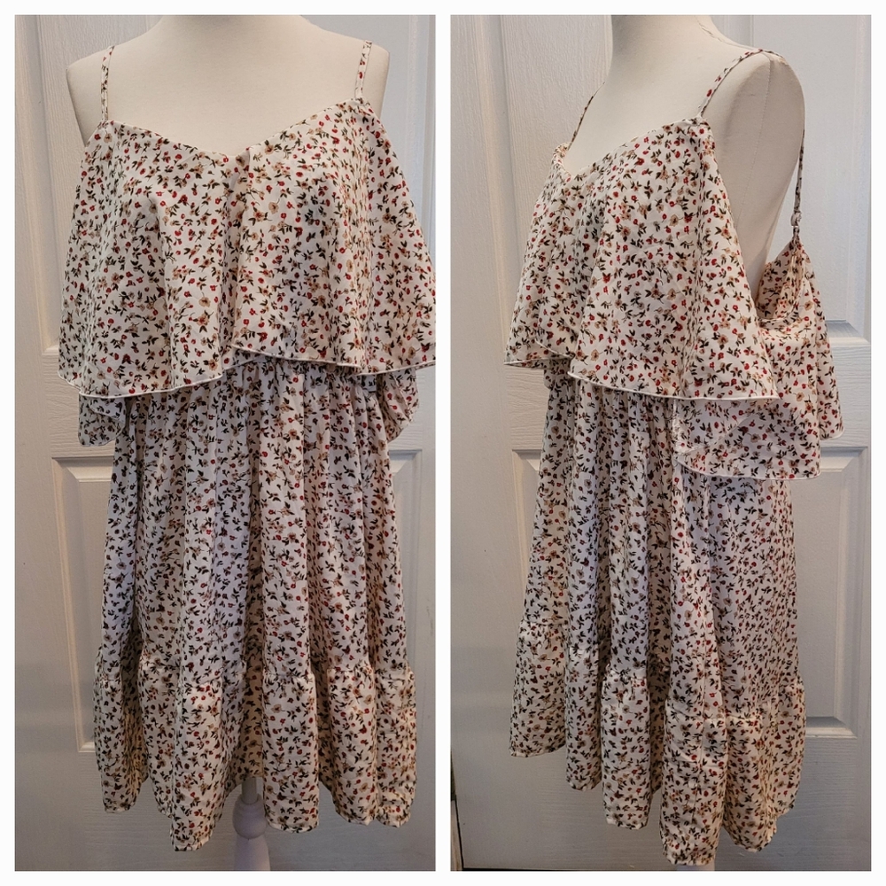 Bohemian Dress Cottage Core Red Pheasant Off Shoulder Flowy Layers Sz 1XL 1X